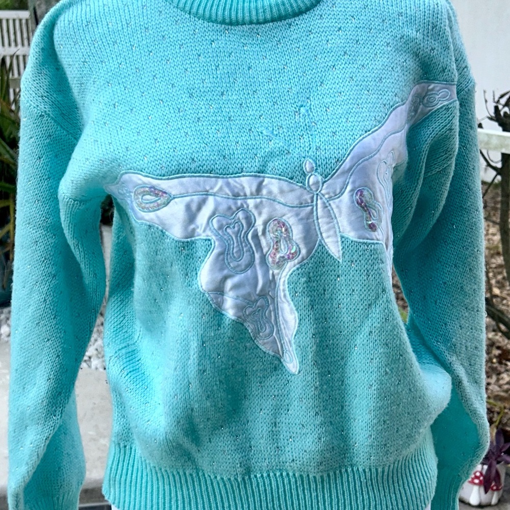 Vintage 1980’s Retro Amazing Teal Sweater with Butterfly Design